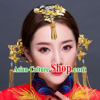 Chinese Traditional Hair Accessories Xiuhe Suit Handmade Blueing Lotus Phoenix Coronet Ancient Hairpins Tassel Step Shake for Women