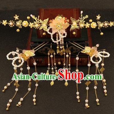 Chinese Traditional Xiuhe Suit Hair Accessories Bride Butterfly Hair Clasp Ancient Jade Hairpins Complete Set for Women