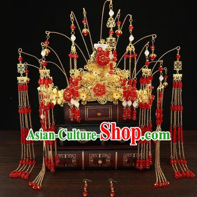 Chinese Traditional Hair Accessories Xiuhe Suit Handmade Red Beads Tassel Phoenix Coronet Ancient Hairpins Step Shake for Women