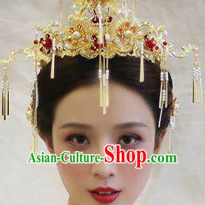 Chinese Traditional Xiuhe Suit Hair Accessories Bride Tassel Phoenix Coronet Ancient Hairpins Complete Set for Women