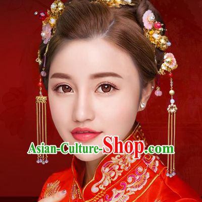 Chinese Traditional Xiuhe Suit Hair Accessories Shell Flowers Phoenix Coronet Ancient Hairpins Complete Set for Women