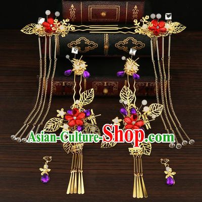 Chinese Traditional Handmade Hair Accessories Hair Clips Ancient Hairpins Xiuhe Suit Step Shake Complete Set for Women