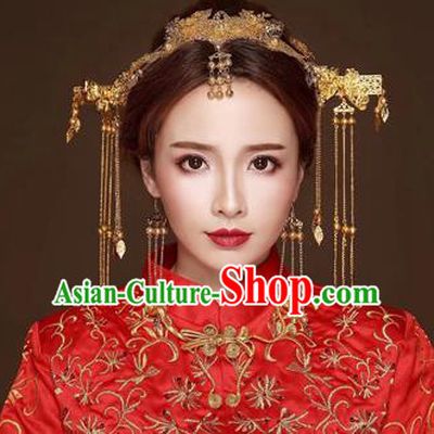 Chinese Traditional Handmade Bride Phoenix Coronet Hair Accessories Tassel Step Shake Ancient Hairpins Complete Set for Women