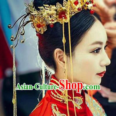 Chinese Traditional Wedding Xiuhe Suit Phoenix Coronet Hair Accessories Ancient Hairpins Complete Set for Women