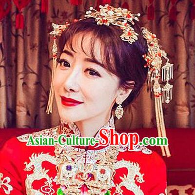 Chinese Traditional Wedding Hair Clips Xiuhe Suit Hair Accessories Ancient Hairpins Complete Set for Women
