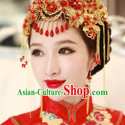 Chinese Traditional Wedding Xiuhe Suit Phoenix Coronet Hair Accessories Ancient Hairpins Complete Set for Women