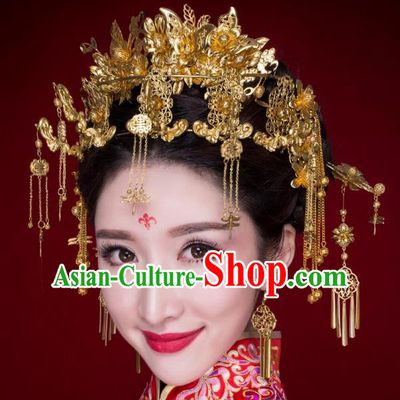Chinese Traditional Wedding Xiuhe Suit Golden Butterfly Phoenix Coronet Hair Accessories Ancient Hairpins Complete Set for Women