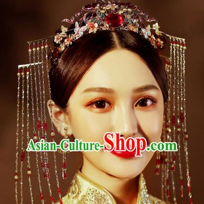 Chinese Traditional Wedding Xiuhe Suit Hair Accessories Tassel Phoenix Coronet Ancient Hairpins Complete Set for Women