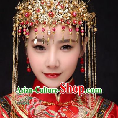 Chinese Traditional Xiuhe Suit Hair Accessories Ancient Hairpins Wedding Tassel Phoenix Coronet Complete Set for Women