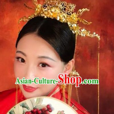 Chinese Traditional Xiuhe Suit Hair Accessories Ancient Bride Phoenix Coronet Hairpins Complete Set for Women