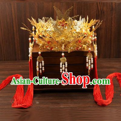 Chinese Traditional Xiuhe Suit Hair Accessories Ancient Pearls Tassel Phoenix Coronet Hairpins for Women