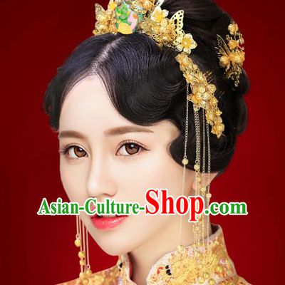 Chinese Traditional Xiuhe Suit Hair Accessories Ancient Empress Phoenix Coronet Hairpins and Necklace Complete Set for Women