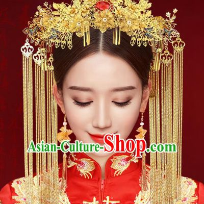 Chinese Traditional Xiuhe Suit Hair Accessories Complete Set Ancient Empress Phoenix Coronet Hairpins for Women