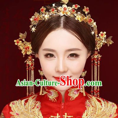 Chinese Traditional Xiuhe Suit Hair Accessories Complete Set Ancient Phoenix Coronet Hairpins for Women