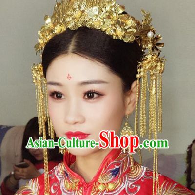 Chinese Traditional Hair Accessories Complete Set Ancient Xiuhe Suit Golden Phoenix Coronet Hairpins for Women