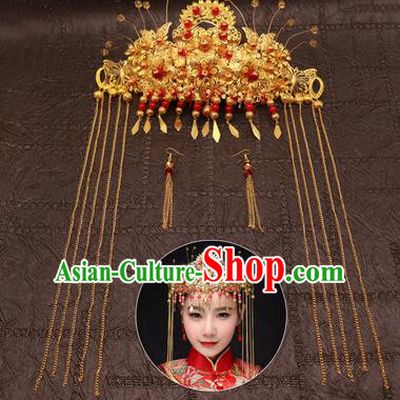Chinese Traditional Hair Accessories Ancient Golden Phoenix Coronet Hairpins for Women