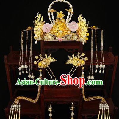 Chinese Traditional Xiuhe Suit Hair Accessories Ancient Handmade Pearls Phoenix Coronet Hairpins for Women