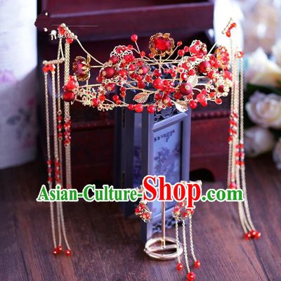 Chinese Traditional Handmade Hair Accessories Ancient Red Crystal Phoenix Coronet Tassel Hairpins for Women