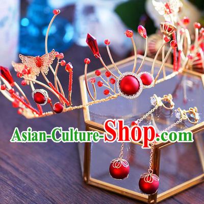 Baroque Style Hair Jewelry Accessories Bride Royal Crown Princess Red Crystal Imperial Crown and Earrings for Women