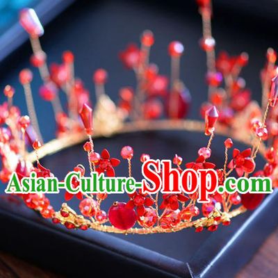 Baroque Style Hair Jewelry Accessories Bride Royal Crown Princess Red Flowers Imperial Crown and Earrings for Women