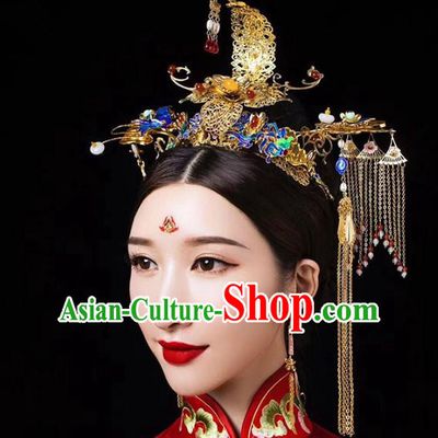 Chinese Ancient Handmade Hair Accessories Traditional Cloisonne Phoenix Coronet Hairpins for Women