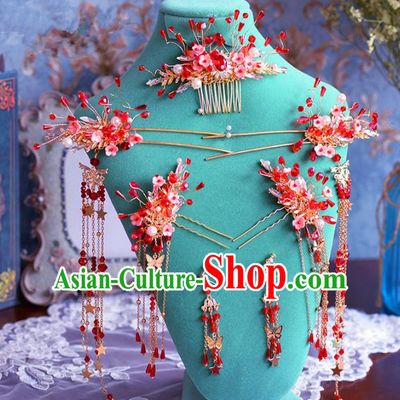 Chinese Ancient Handmade Hair Accessories Traditional Xiuhe Suit Red Beads Hair Comb Tassel Hairpins for Women