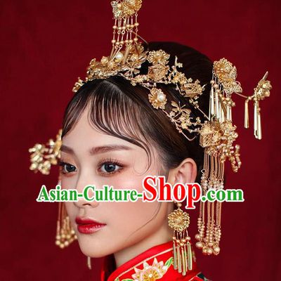 Chinese Ancient Handmade Hair Accessories Phoenix Coronet Traditional Xiuhe Suit Tassel Hairpins for Women