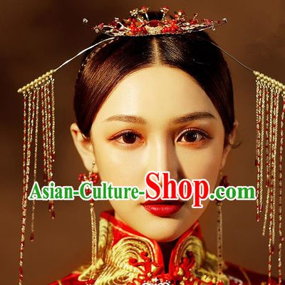 Chinese Ancient Handmade Tassel Phoenix Coronet Hair Accessories Traditional Xiuhe Suit Hairpins for Women