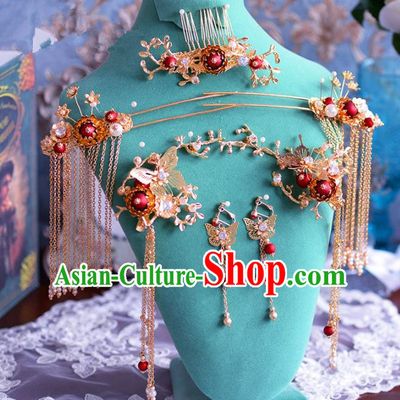 Chinese Ancient Handmade Hair Accessories Traditional Xiuhe Suit Hair Clips Step Shake Hairpins Complete Set for Women