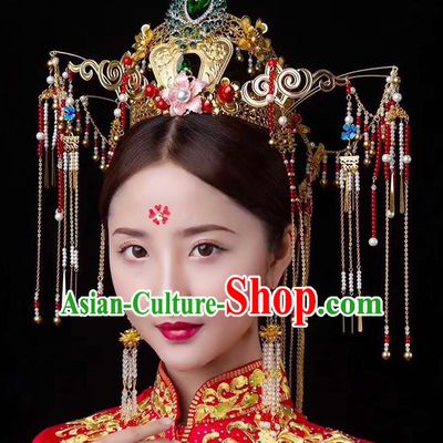 Chinese Ancient Handmade Green Crystal Phoenix Coronet Traditional Xiuhe Suit Hairpins Hair Accessories for Women