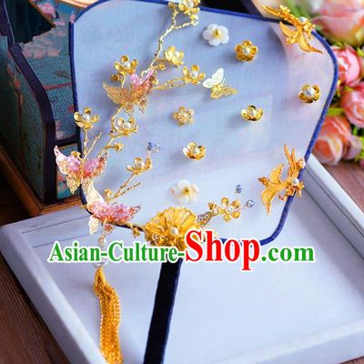 Chinese Handmade Wedding Accessories Golden Butterfly Palace Fans Hanfu Round Fans for Women