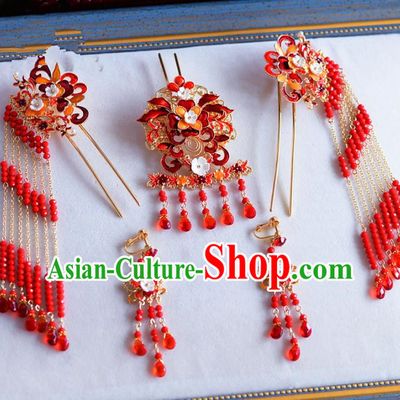 Chinese Ancient Handmade Palace Pearls Red Beads Hair Clips Hair Accessories Traditional Hairpins Complete Set for Women