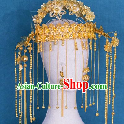 Chinese Ancient Handmade Palace Traditional Golden Phoenix Coronet Hair Accessories Xiuhe Suit Hairpins for Women