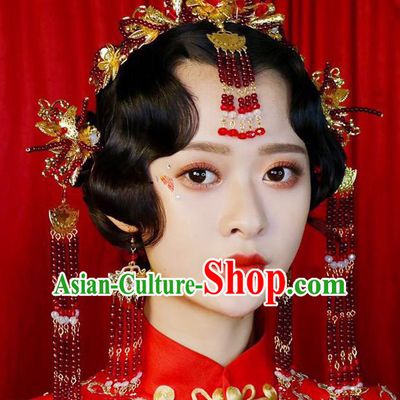 Chinese Ancient Handmade Palace Red Beads Tassel Hair Clips Traditional Hair Accessories Xiuhe Suit Hairpins for Women