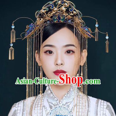 Chinese Ancient Handmade Cloisonne Phoenix Coronet Hair Clips Traditional Hair Accessories Xiuhe Suit Hairpins for Women