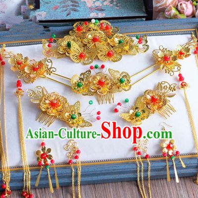 Chinese Ancient Handmade Golden Hair Combs Traditional Hair Accessories Xiuhe Suit Hairpins for Women