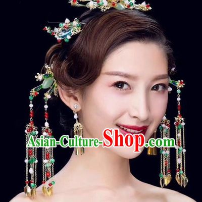 Chinese Ancient Handmade Jade Phoenix Coronet Traditional Hair Accessories Xiuhe Suit Hairpins for Women