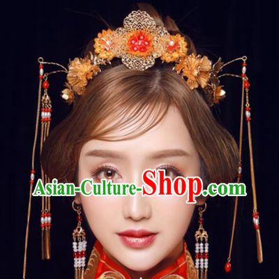 Ancient Chinese Handmade Tassel Phoenix Coronet Traditional Hair Accessories Xiuhe Suit Hairpins for Women