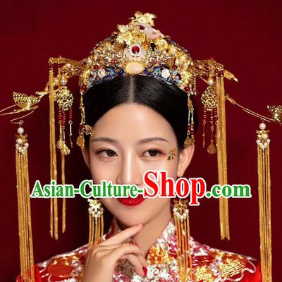 Ancient Chinese Handmade Hair Accessories Xiuhe Suit Bride Phoenix Coronet Hairpins Complete Set for Women