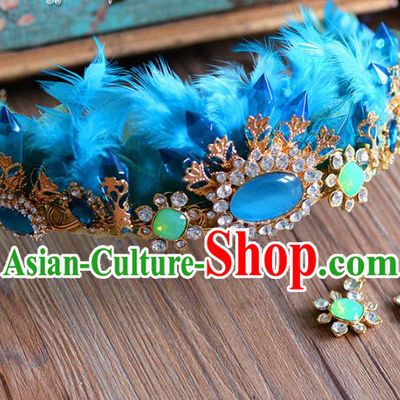 Top Grade Handmade Baroque Hair Accessories Princess Blue Feather Royal Crown Headwear for Women