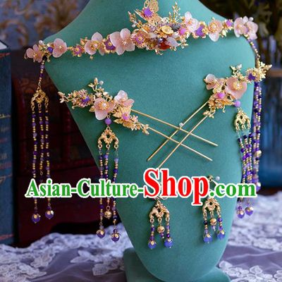 Ancient Chinese Handmade Traditional Hair Accessories Pink Flowers Phoenix Coronet Hairpins Complete Set for Women