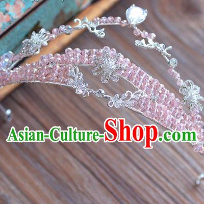 Top Grade Handmade Hair Accessories Baroque Princess Pink Beads Royal Crown Headwear for Women