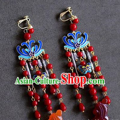 Top Grade Chinese Handmade Wedding Red Beads Tassel Earrings Accessories Bride Blueing Lotus Eardrop for Women