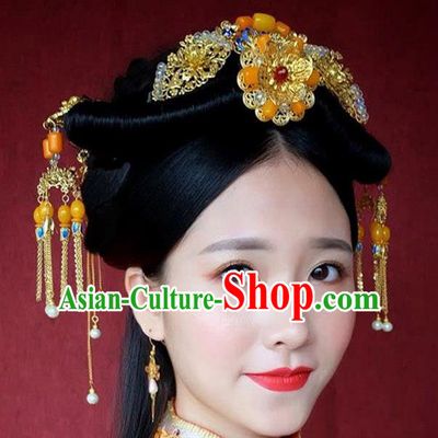 Ancient Chinese Handmade Classical Hair Accessories Xiuhe Suit Jade Hairpins Complete Set for Women