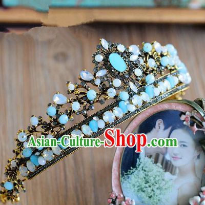 Top Grade Handmade Hair Accessories Baroque Bride Blue Royal Crown Headwear for Women
