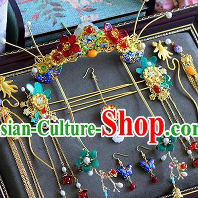 Ancient Chinese Handmade Hair Accessories Xiuhe Suit Hairpins Jade Tassel Step Shake Complete Set for Women