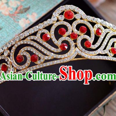 Top Grade Handmade Hair Accessories Baroque Red Crystal Royal Crown Headwear for Women