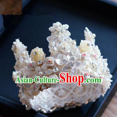 Top Grade Handmade Hair Accessories Baroque Silk Flowers Pearls Royal Crown Headwear for Women