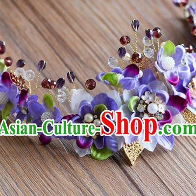 Top Grade Handmade Hair Accessories Baroque Purple Flowers Garland Royal Crown Headwear for Women