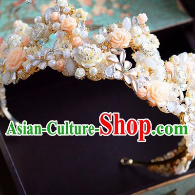 Top Grade Handmade Hair Accessories Baroque Flowers Pearls Royal Crown Headwear for Women